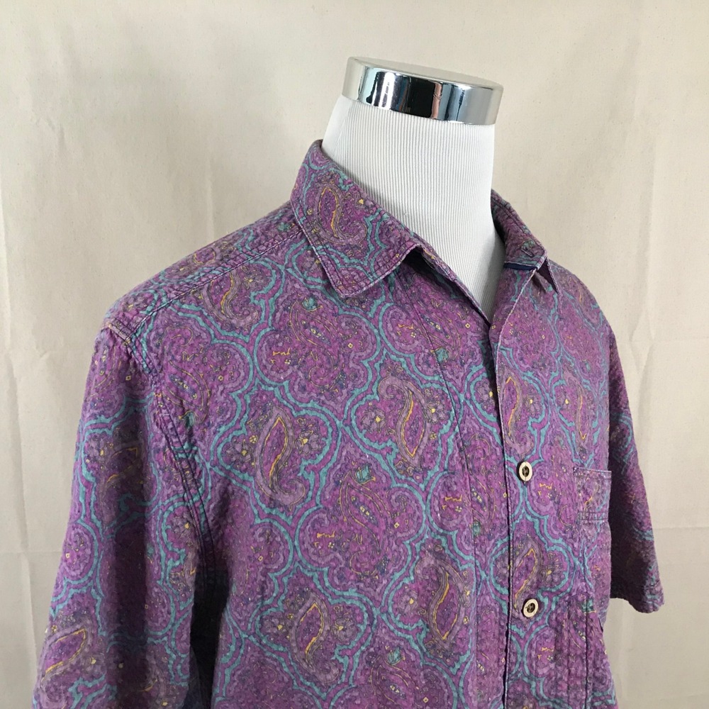 Territory Ahead Large Unique Casual Shirt Purple Paisley Seersucker Cotton Mens